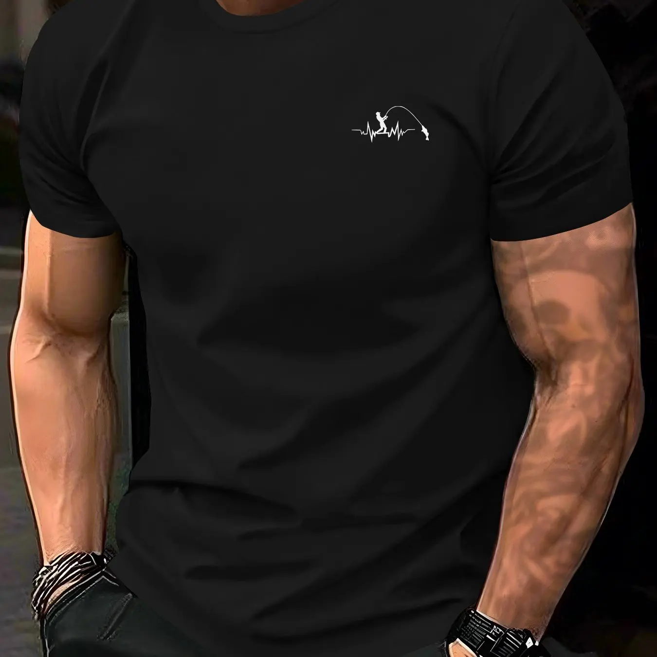 Men Summer Casual Fishing Print Short Sleeve T-Shirt Polyester Crew Neck Tee Breathable Fabric Regular Fit with Graphic Design