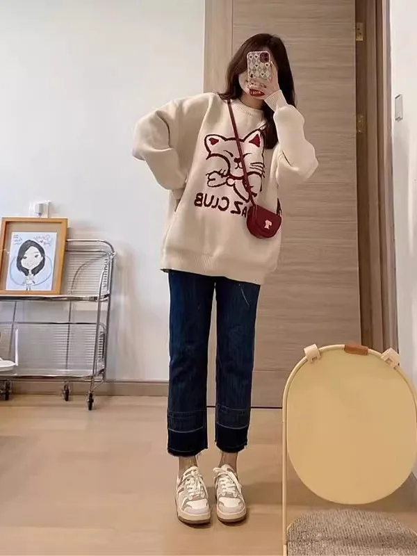 سترة محبوكة كبيرة الحجم للسيدات للخريف بنمط Sle جديد تصميم فضفاض من Thiened ملابس تريكو للنساء #3