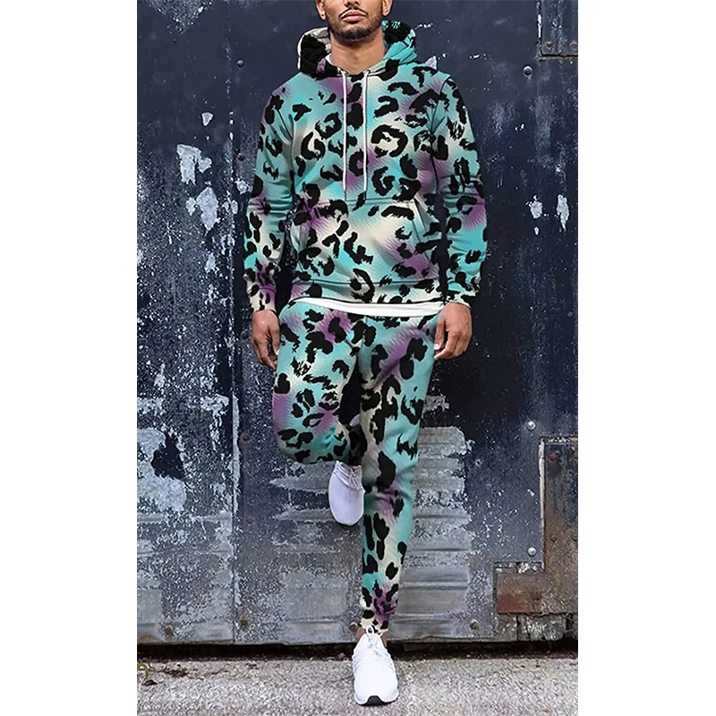 레오파드 3D 프린트 후드티 바지 세트 남성 캐주얼 스웨트셔츠 후드티 스웨트팬츠 스포츠웨어 투피스 수트 트랙수트 남성 의류
