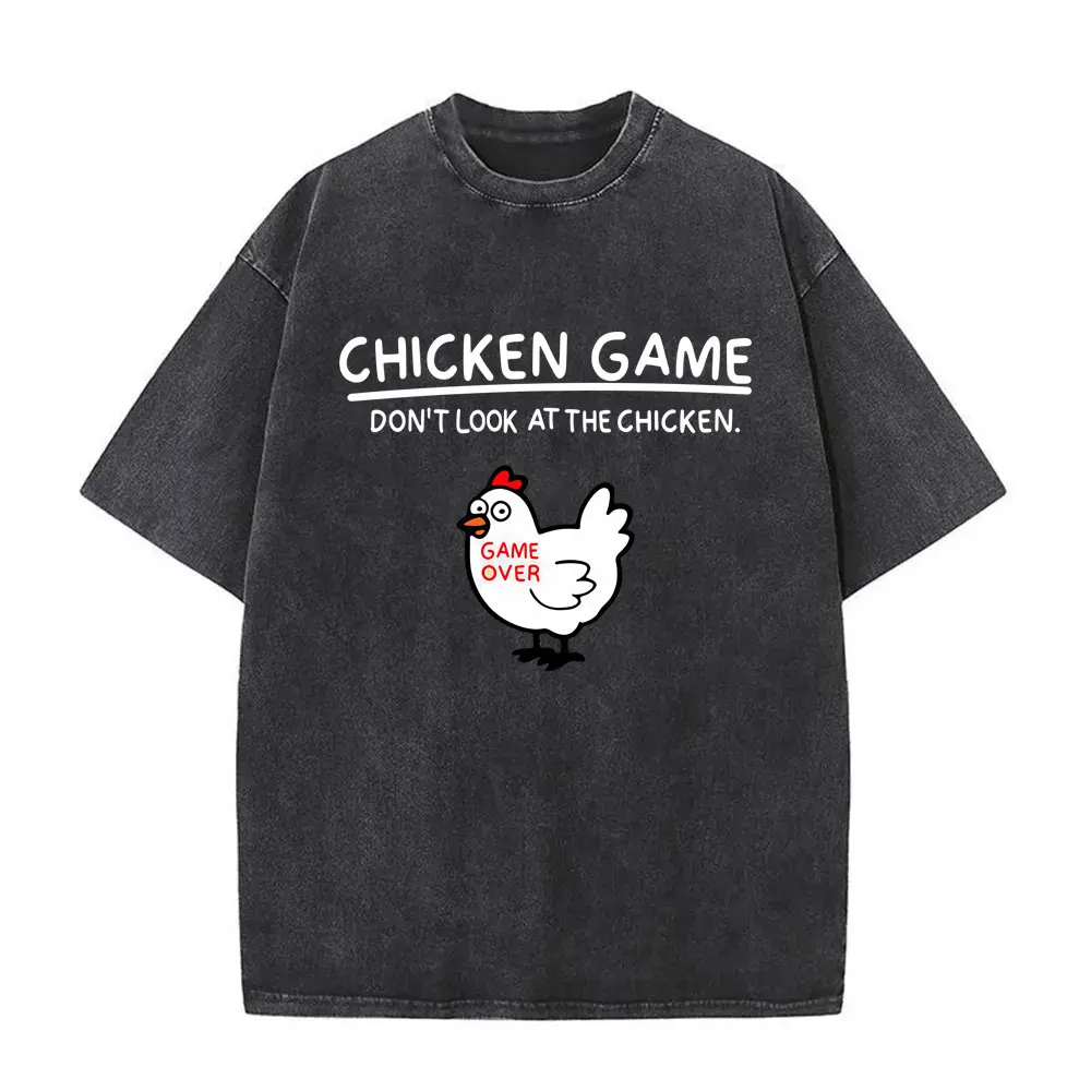 

Chicken Game Don't Look At The Chicken Graphic Washed T-shirt Funny Miners Print Vintage Tshirt Male Fashion Oversized T Shirts