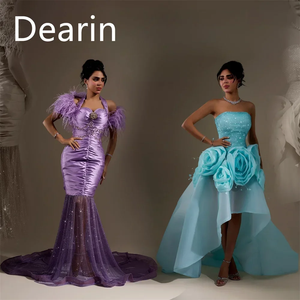 Personalizado feminino vestido de noite baile dearin sem alças a linha hi-lo comprimento saias tule applique sob medida vestidos de ocasião formal dr