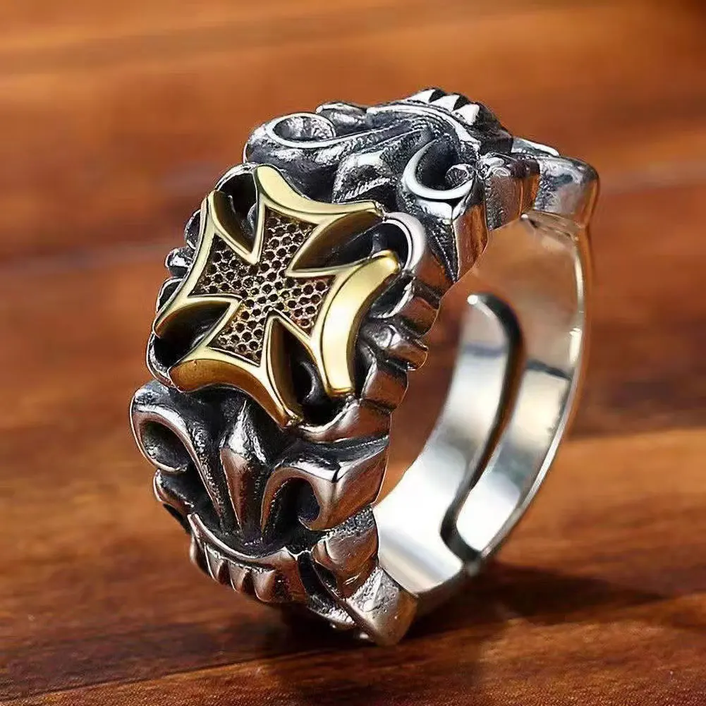 Men's Vintage Gothic Cross Open Adjustable Ring