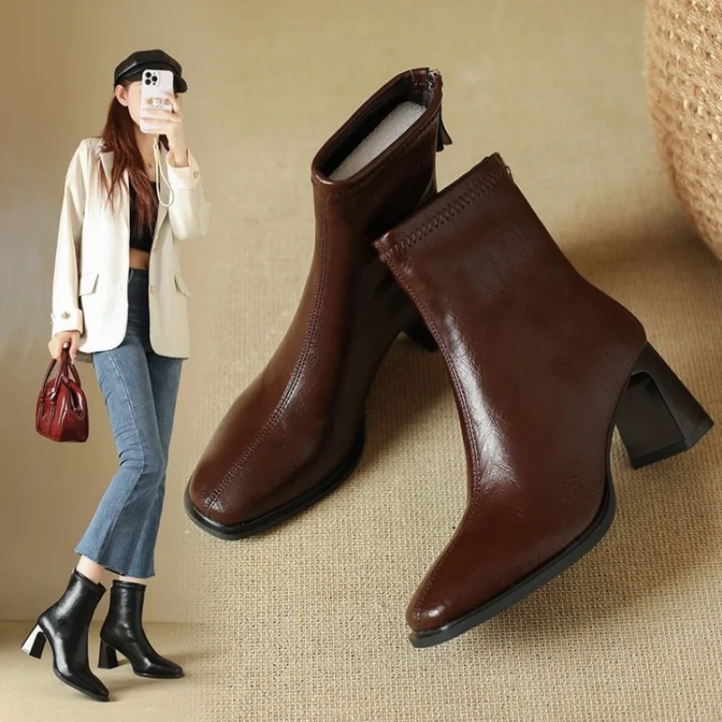 

Vintage Warm Cotton Women Ankle Boots Fashion Elegant Square Toe Shoes Autumn Winter Thick Heel Women's Short Booties Small size
