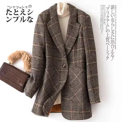 Women Blazer Jacket 2023 New Retro British Fashion Network Red Casual Korean Female Spring Autumn Plaid Suit Jacket Outcoat