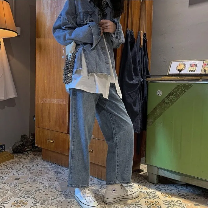 

Утягивающие прямые широкие джинсы для женщин больших размеров, корейская одежда для девочек, прямые джинсы-трубы для Thi Legs