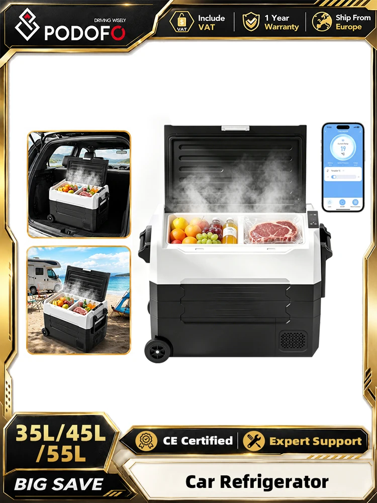 Podofo 35L 45L 55L Auto-Kühlschrank 12V Kompressor-Kühl-Gefrierschrank 12/24V DC 100-240V AC Tragbarer Kühler für Camping, Reisen, Outdoor, Zuhause, LED-Display Kühl-Gefrierschrank