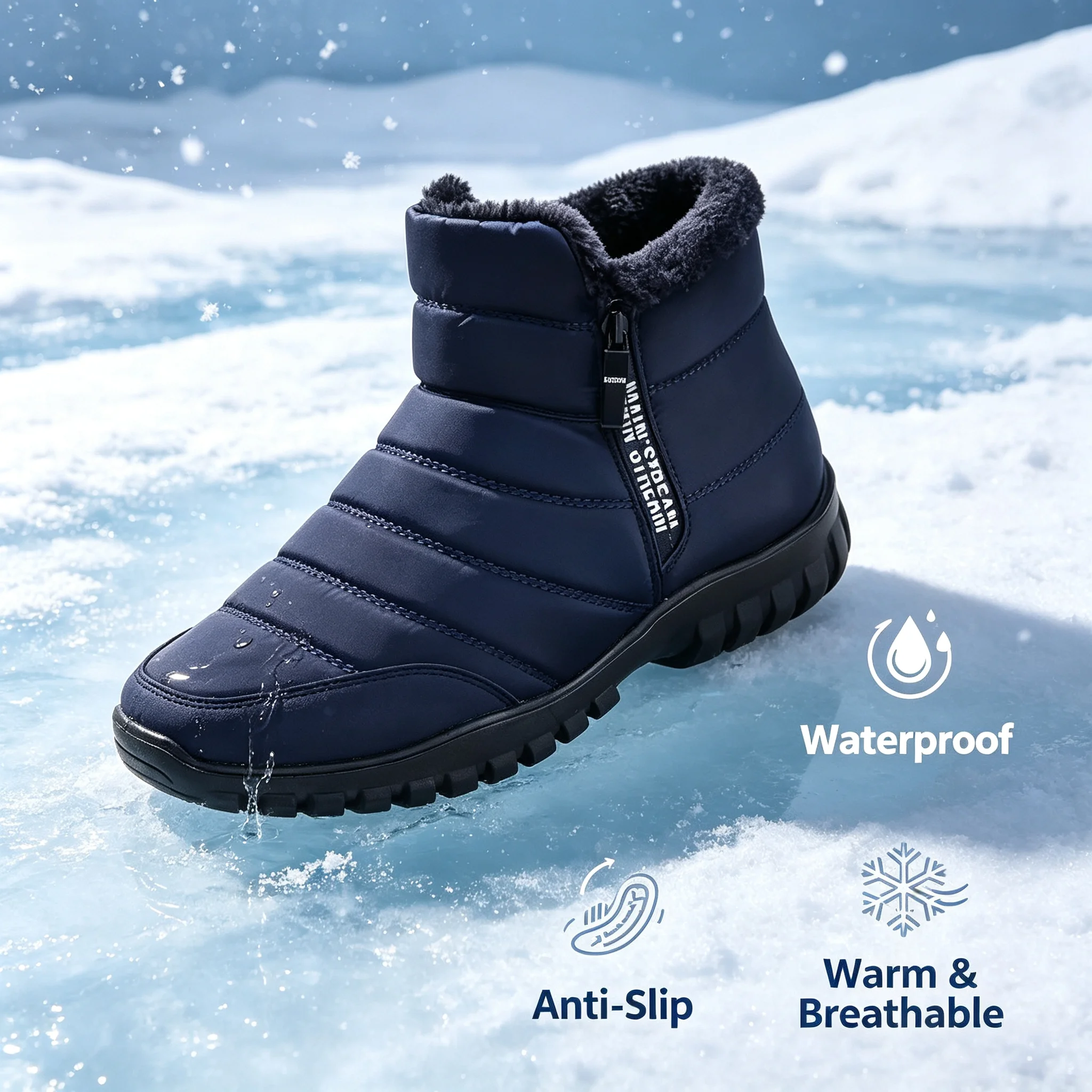 Men's Autumn Winter Waterproof Side Zipper Snow Ankle Boots Warm Plush Lined Casual Cotton Shoes, Free Shipping