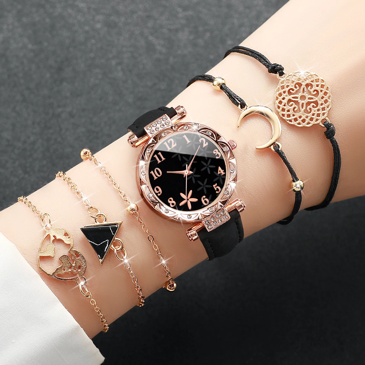 6PCS/Fashion Women's Watch Set Simple Leather Strap Quartz Women's Watch Set Girl Gift