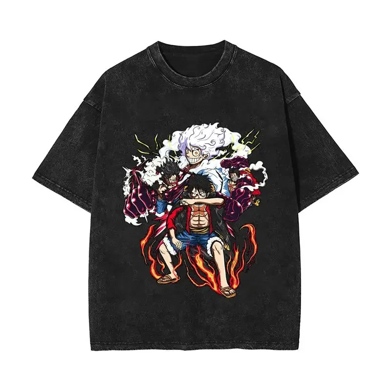 

2026 New Hot Anime Style Tee Black Cotton T-shirt Golden Hair Lightning Aura Sun God Text Vintage Wash Distressed Oversized