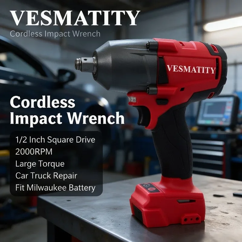 Impact Wrench Cordless 1/2 Inch Square Drive 2000RPM Large Torque Car Truck Repair Power Tool Fit Milwaukee Battery