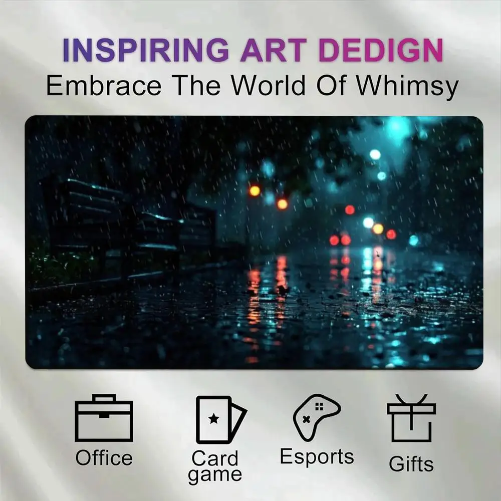 Cinematic Rainy Night XXL Desk Pad Moody Dark Wet Road Glowing Bokeh Neon Reflections Park Bench Silhouette Rain Drops Blue Red