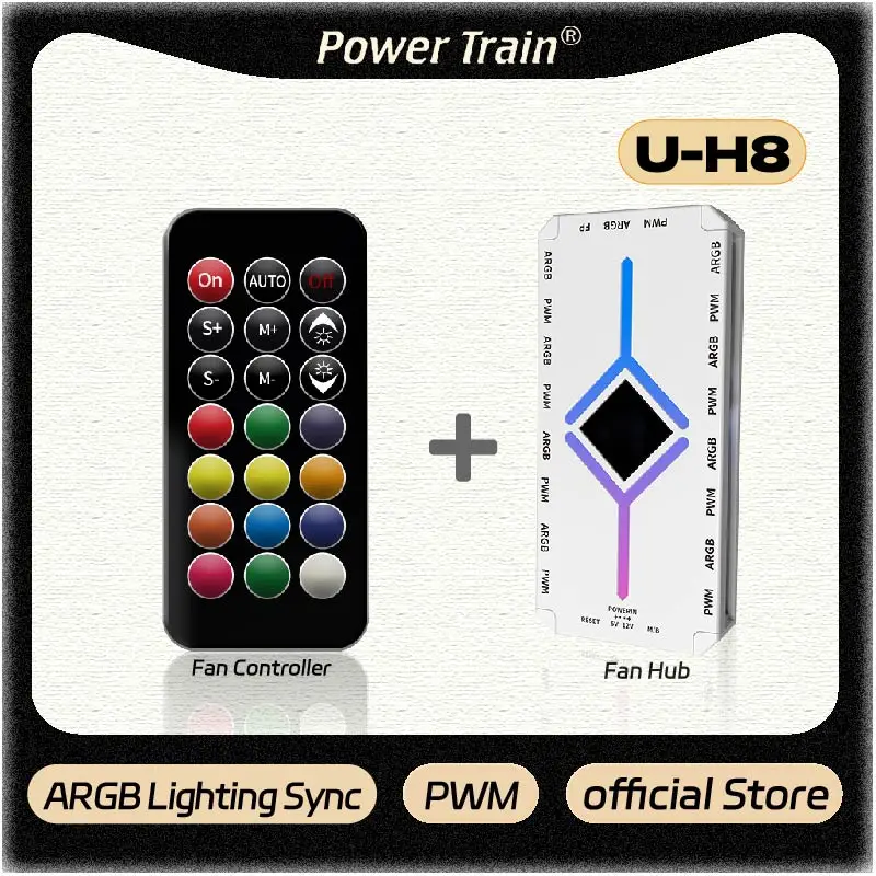 Power Train U-H8 5V 3PIN PWM ARGB HUB Computer Case Fan Light Synchronous Bottom magnetic design with Light Remote Controller