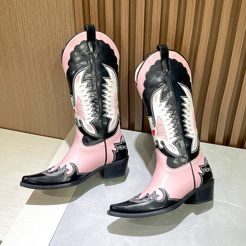 IPPEUM Country Western Women Cowboy Boots For Woman Leather Shoes Plus Size 44 Mid Calf Pink Black Embroidered Cowgirl Boots