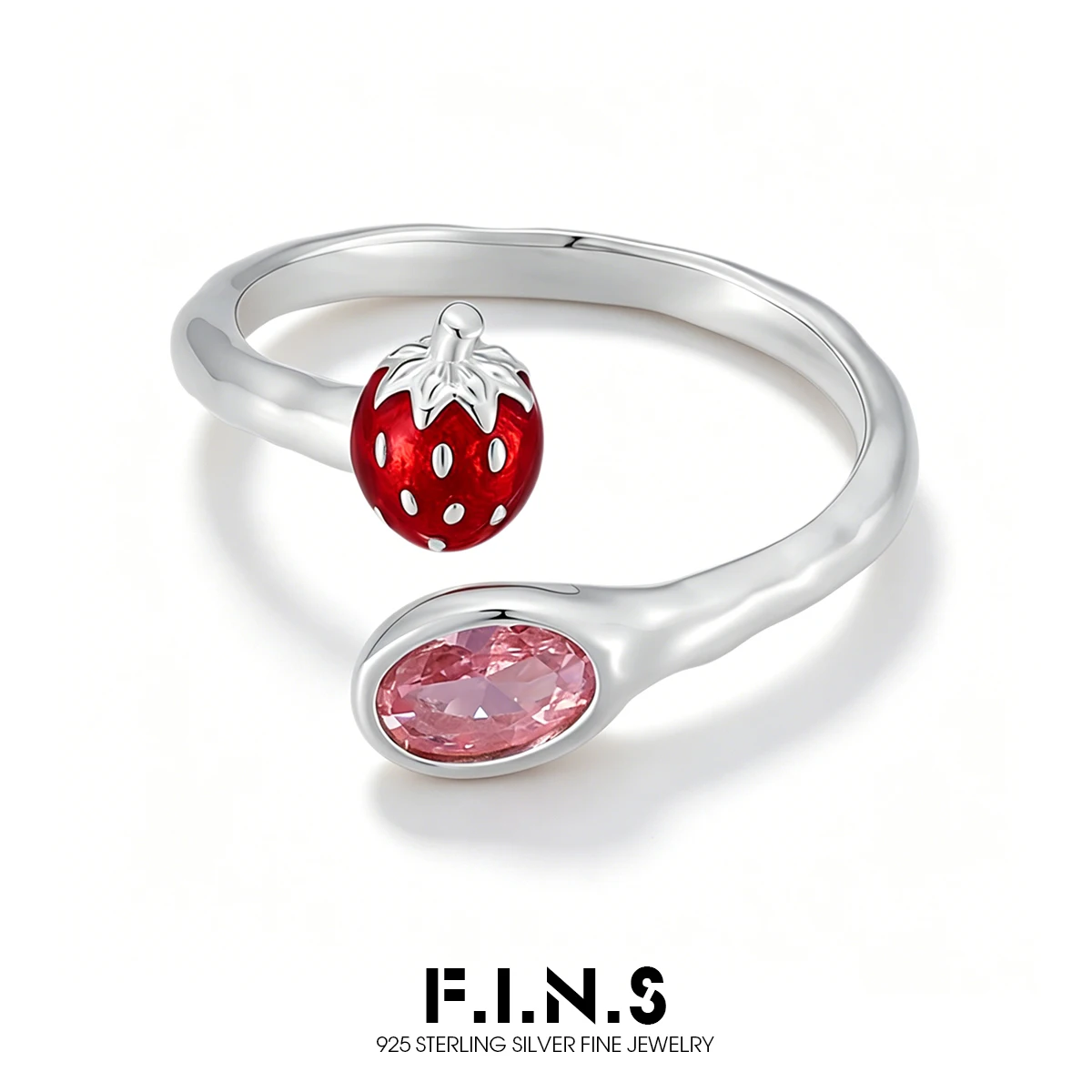 F.I.N.S Original S925 Sterling Silver Strawberry Ring for Women Red Oval Zirconia Open Adjustable Index Mid Finger Jewelry