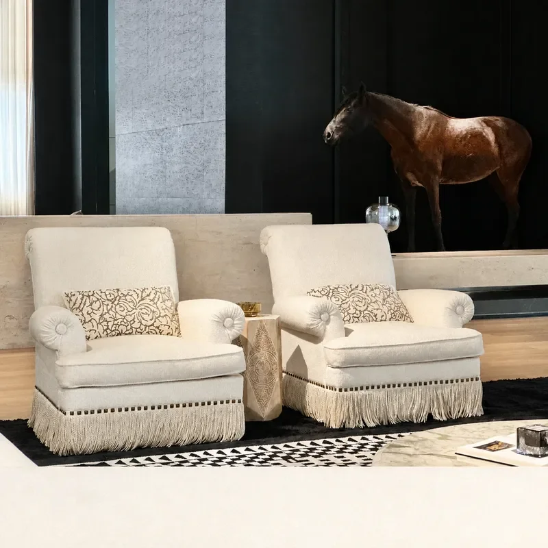 Beige Lamb Wool Fabric Sofa for Small Apartment Medieval Style Fringed Single and Triple Seat Couch Chair for Hotel Living