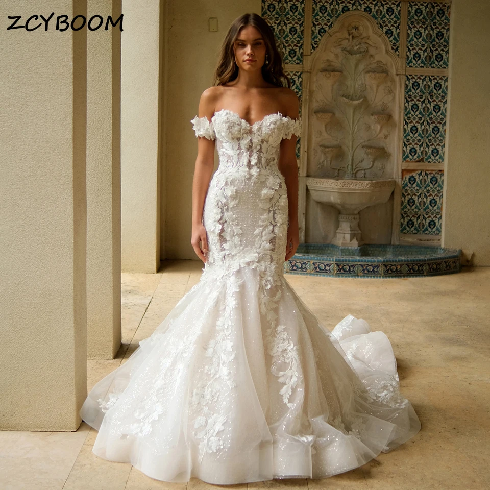 Gorgeous 3D Flowers Appliques Mermiad Wedding Dresses 2026 Princess Off Shoulder Count Train Women Bride Gowns Vestido De Novia