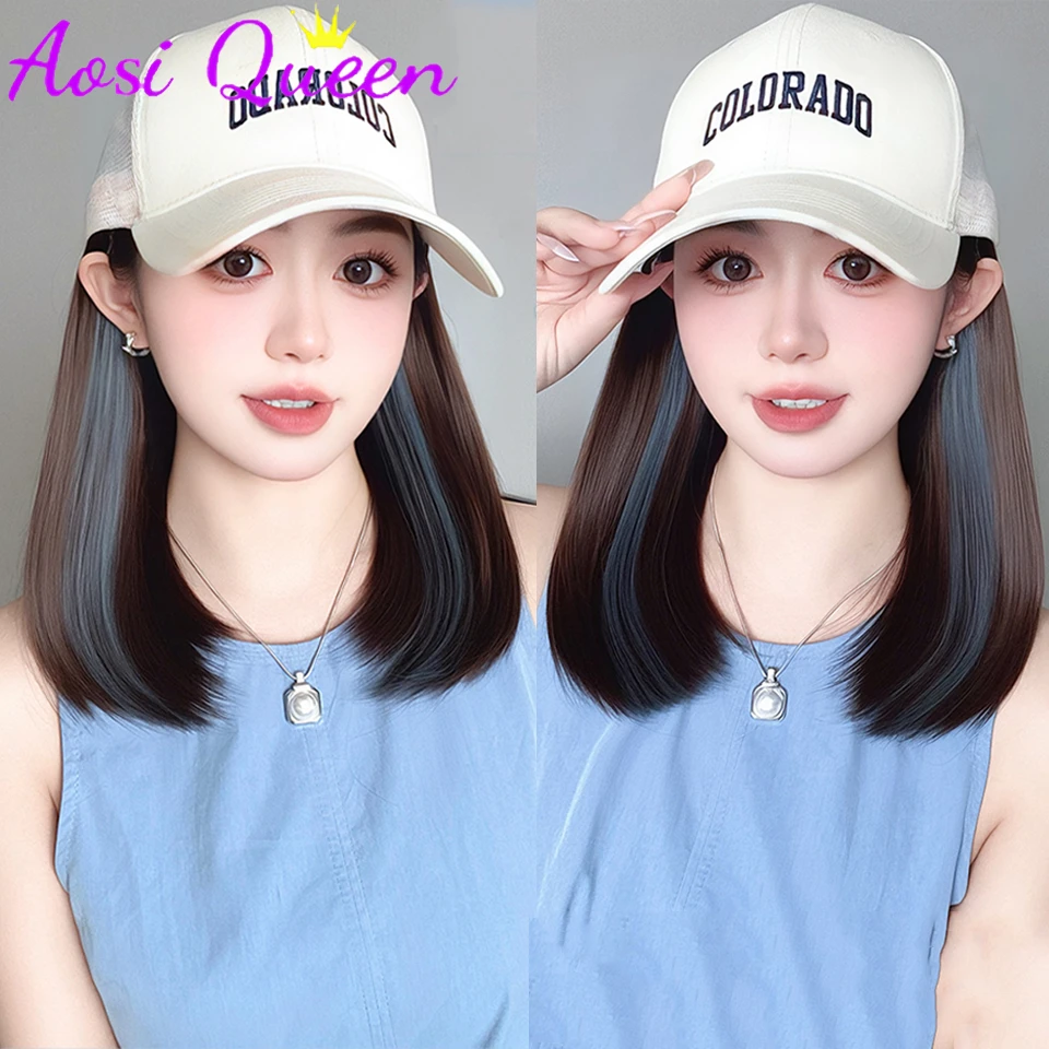 

AOSI Synthetic Hat Wig Women Summer Short Straight Hair Breathable Sun Shade Thin Fashion Baseball Duck Tongue Wig Cap