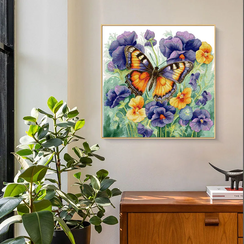 Joy Sunday Cross Stitch Kit DIY Handmade Embroidery Butterfly with Pansies Pattern Living Room Hanging Display Home Decoratin