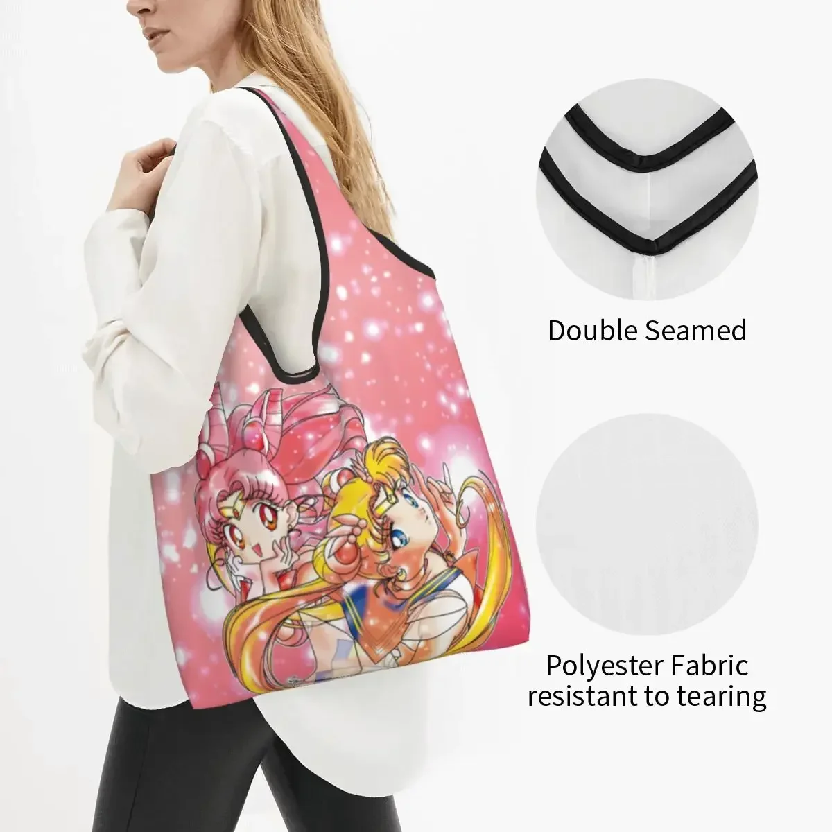 Custom Fashion Print Super Sailors Moon Chibi  Shopping Tote Bag Portable Shoulder Shopper Anime Handbag