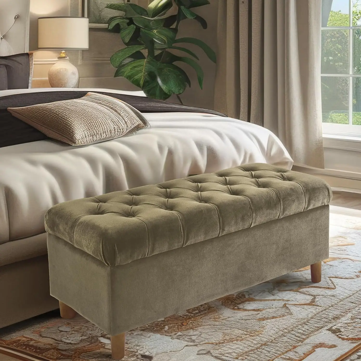 Tufted Ainsley Button Storage Ottoman Bench with Hinged Lid | Ottoman Bench with Storage for Living Room & Bedroom,Light Sage Gr