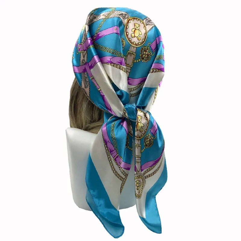 90cm Fashion Silk Square Scarf for Women Hair Band Soft Neckerchief Vintage Hijab Flower Print Headscarf Female Pashmina Bandana image 2
