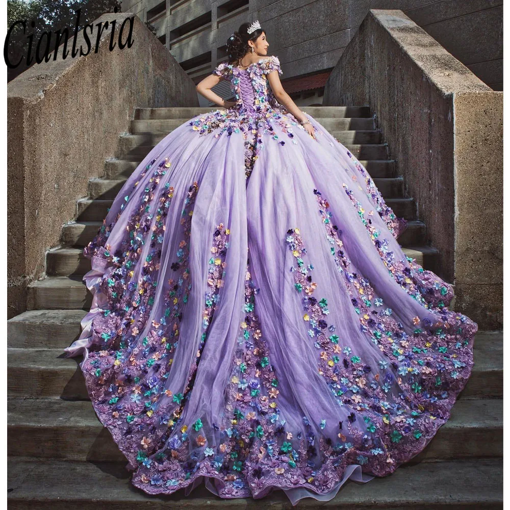 Lila von der Schulter Quince anera Kleider Prinzessin Ballkleid Tüll Schnür applikationen süß 15 16 Kleid elegantes Ballkleid