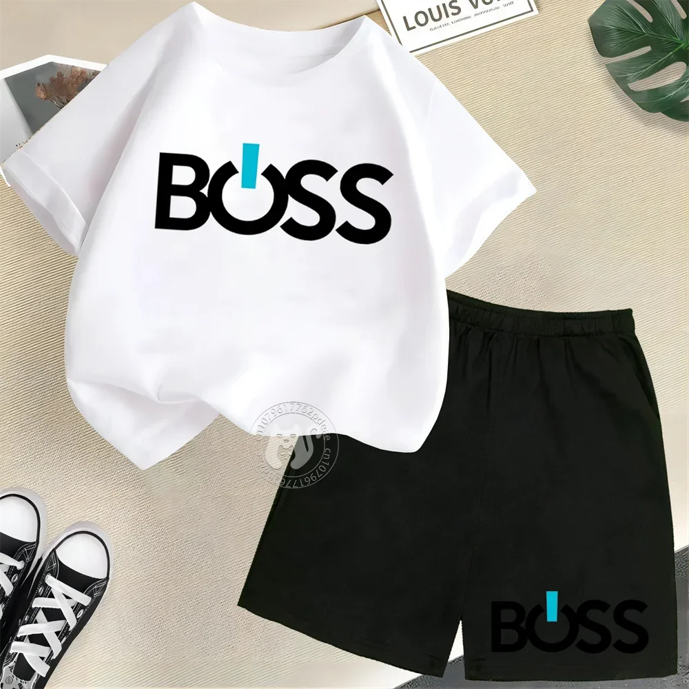 Camiseta de manga corta de verano para niños + Pantalones cortos con estampado de letras simples BOSS, traje informal de calle para adolescentes y niñas, trajes para salir