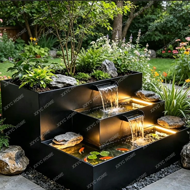 Balcony stainless steel fish pond flower box metal flowing water ornament