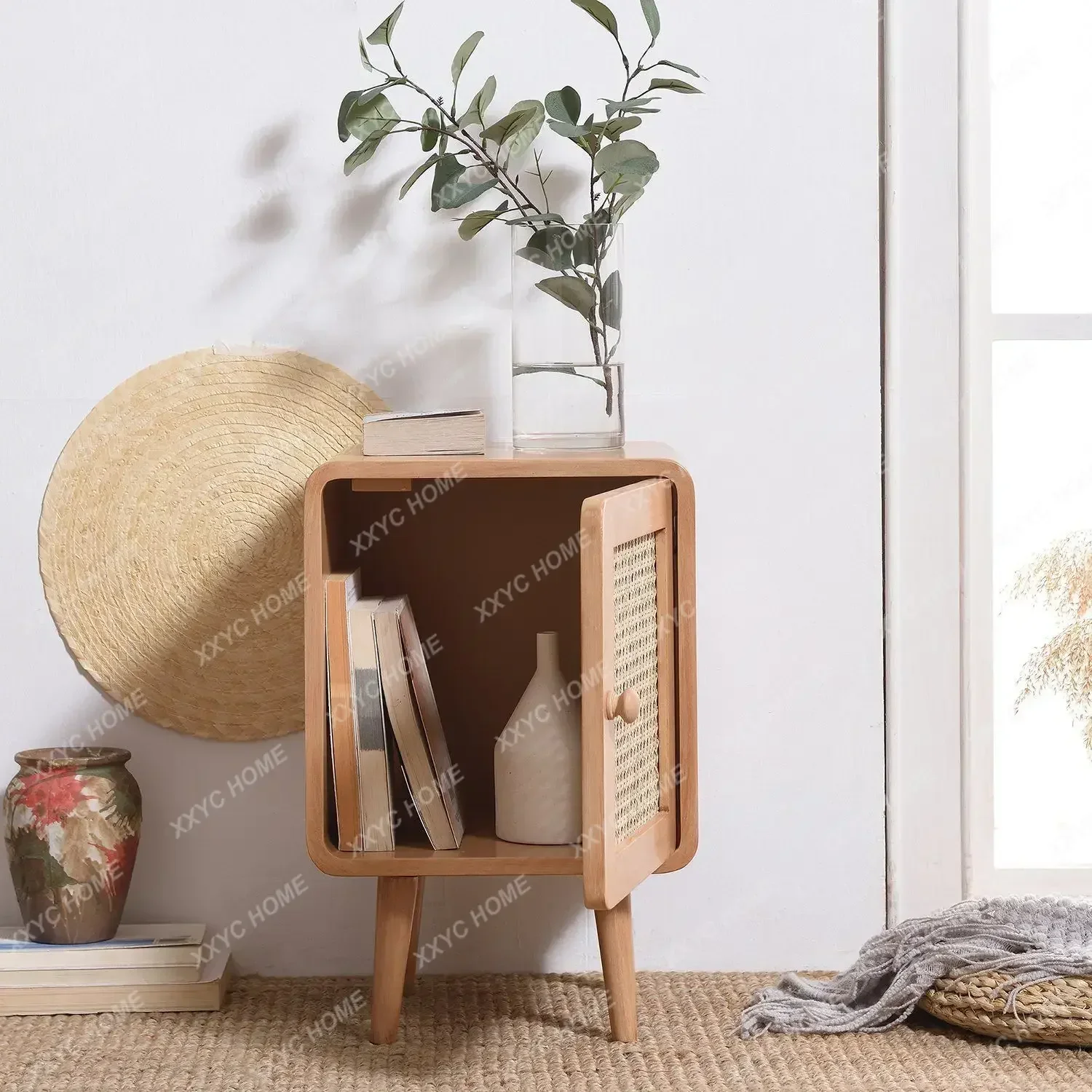 Japanese Rattan Bed Side Table Retro Nightstand Wood Bedside Tables Small Square Table Storage Cabinet Sofa Small Side