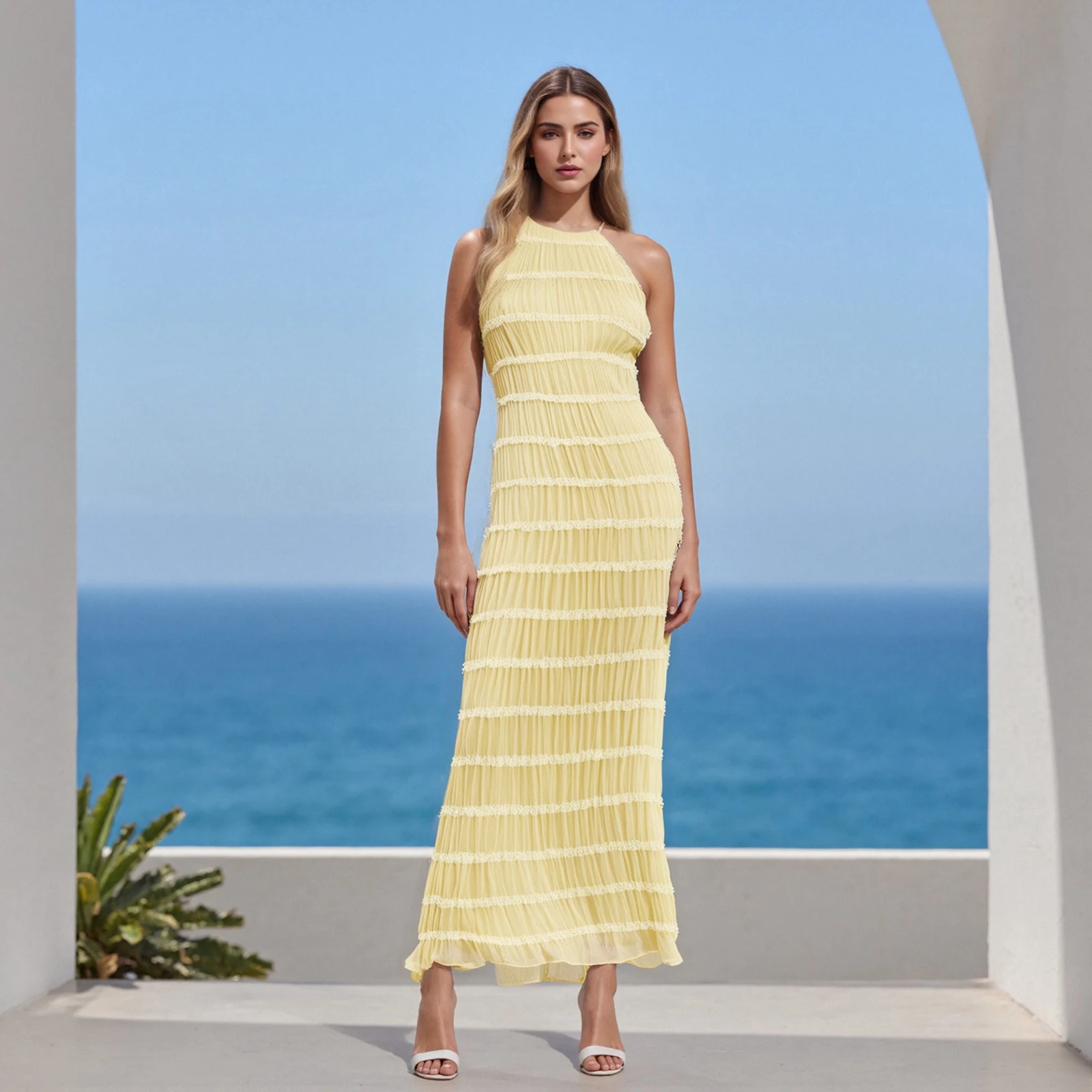 

Summer Sleeveless Backless Solid Color Dress Cocktail Party Dress Women's Ruched Bodycon Long Dress