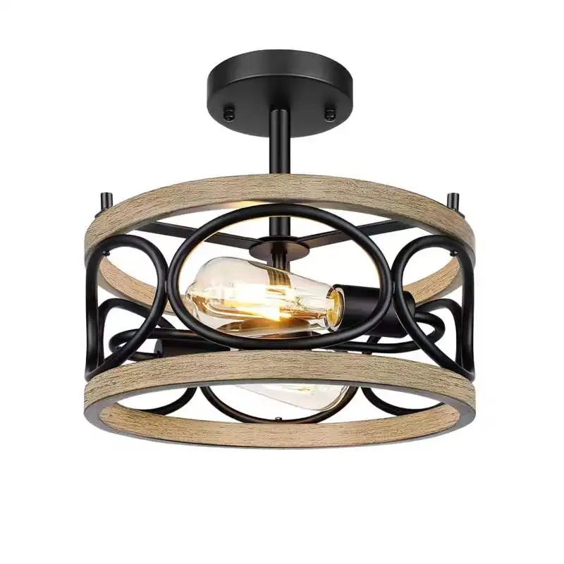 

Wholesale Vintage Industrial Style Ancient American Nordic Style Iron Art Wooden Round Ceiling Mount Lamp