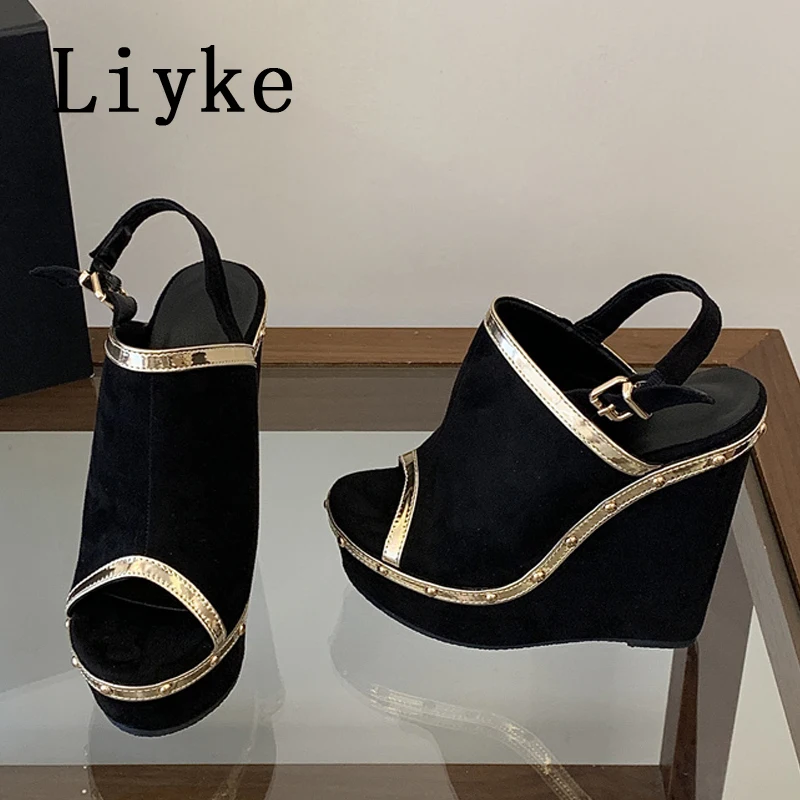 Liyke Summer Open Toe Platform Wedge Sandals Sexy Fashion Buckle Strap Black High Heels Party Dress Woman Shoes Zapatos De Mujer