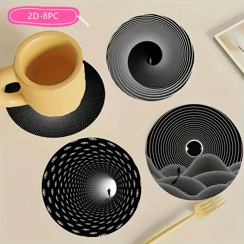 8 Pieces 2D Wooden Coasters Abstract Art Patterns Theme Desktop Insulation Mats Home Decor Coffee Cup Coasters Office