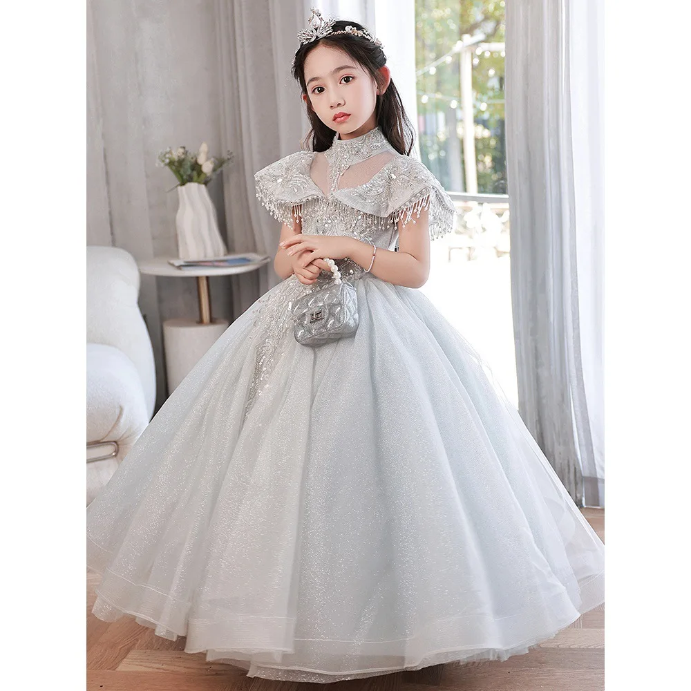 

Gray Lace Kids Flower Girl Dress For Wedding Sequin Plffy Tulle Princess Baptism Party Pageant Dress Holy First Communion Gown