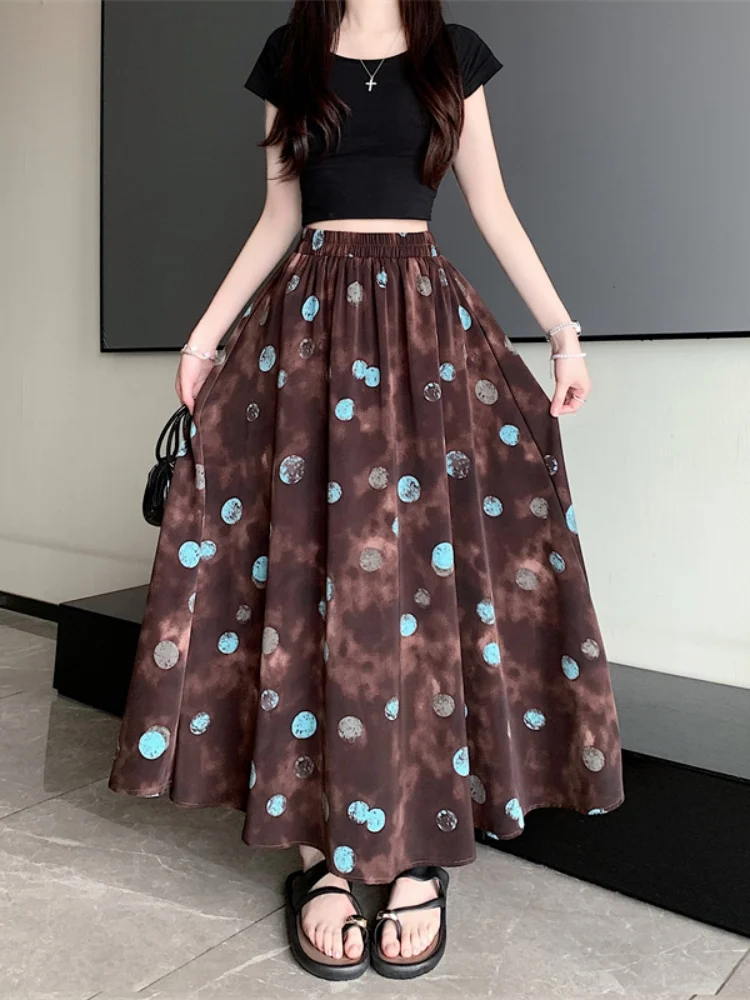 

Женская длинная юбка SMHMA 2026: новая коллекция весна-лето-осень, с принтом в горошек, расклешенная, фасон «зонтик»