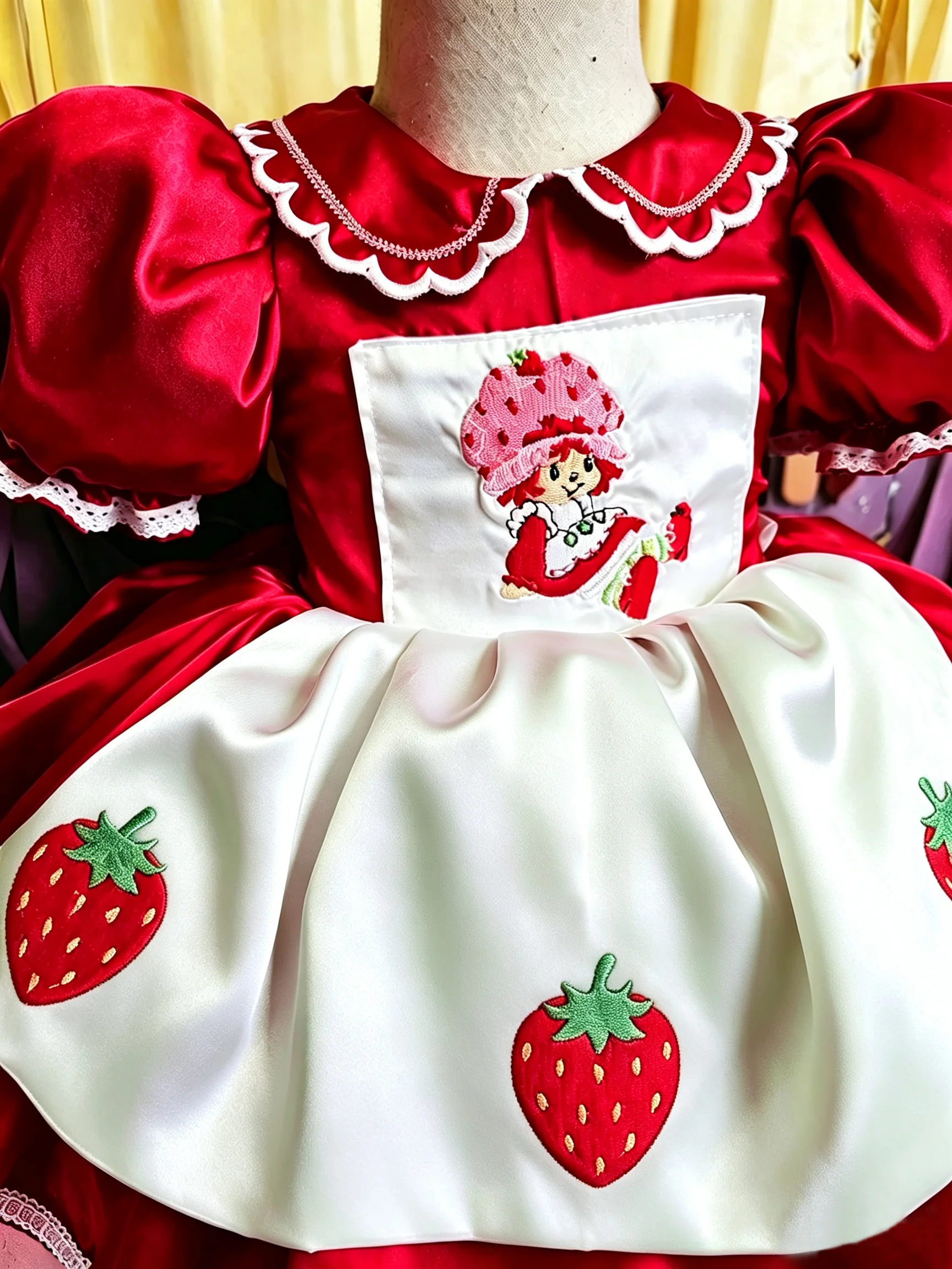 Summer Baby Girl Strawberry Cartoon Cosplay Costume Satin Puff Sleeve Lolita Princess Gown for 1st Birthday Party Christmas B644