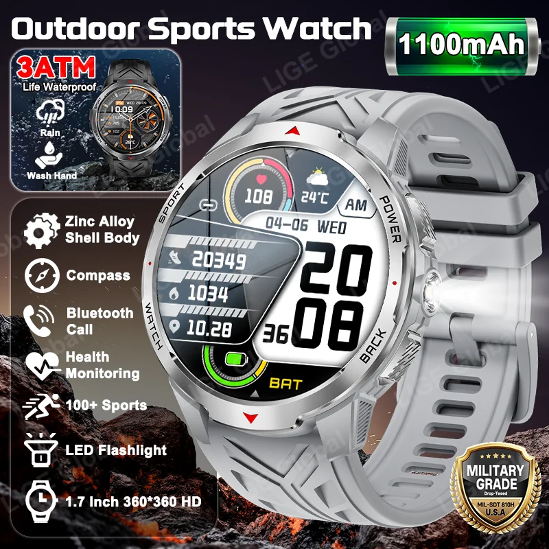 

LIGE 1100mAh Large Battery Military Outdoor Sports Smart Watch Men 1.7" Compass Watch 3ATM Waterproof Bluetooth Call Smartwatch