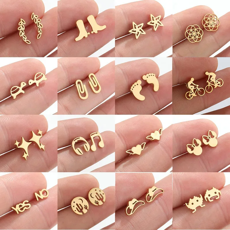 Golden Stainless Steel Mini Stud Earrings Women Everyday Jewelry Cute Leaf Boots Music Star Cactus Earings Pendientes Gifts