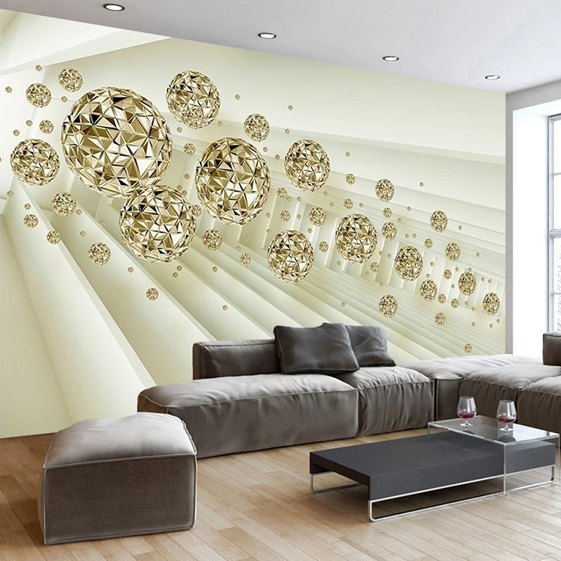 Customized products Mural Stereoscopic Space Golden Circle Ball Living Room Sofa TV Background Photo WallPaper 8D Modern bedroom
