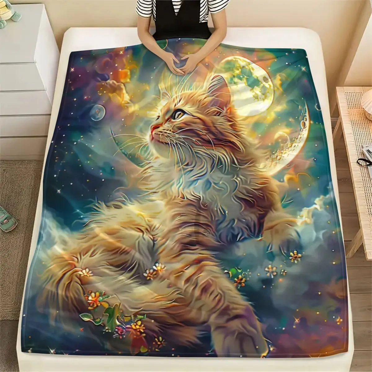 Custom Cat Blanket Galaxy Moon Star Fantasy Art Design Personalized Name Fleece Throw All Season Soft Warm Bedding Home Decor