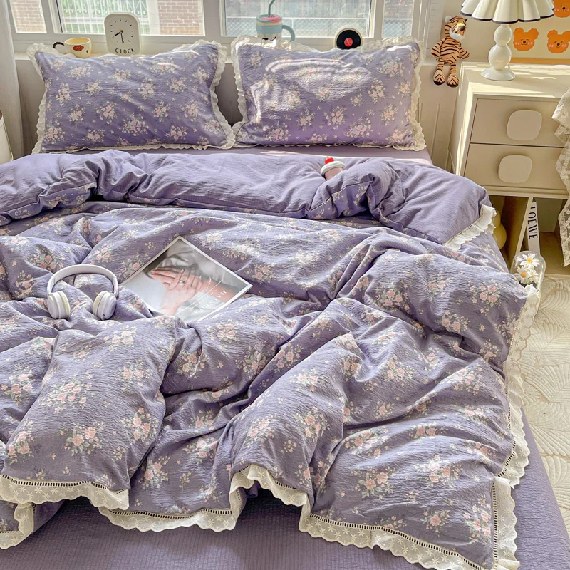 Puple Flower Printed Duvet Cover with Lace Double-layered Yarn Housse De Couette 220x240 Single/Queen/King Size Comforter Cover