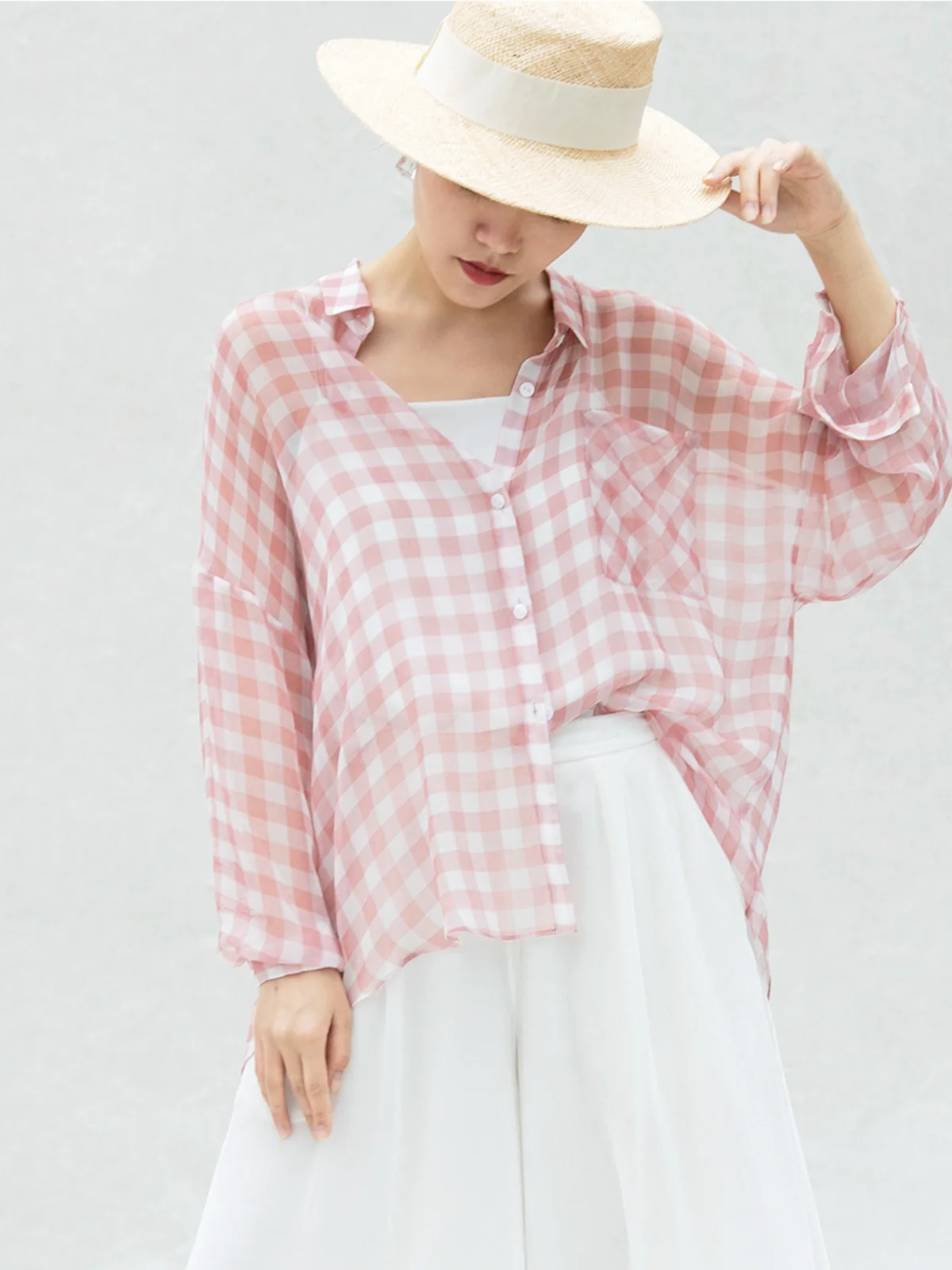 

Оригинальная женская блузка из шелка Simptic, розовая, с длинным рукавом, прямого кроя, на пуговицах, для летних городских поездок, в стиле кэжуал-шик