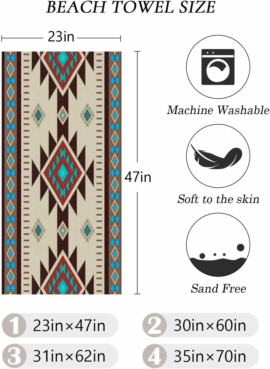 Abstract Aztec Tribal Totem Soft Microfiber Quick Dry Absorbent Bath Towel, Retro Brown Blue Green Geometric Beach Blanket for
