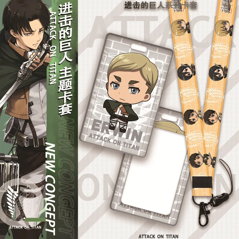 Anime Attack On Titan Card Case Eren Yeager Mikasa Anime Action Figures Student ID Card Cover with Lanyard Bus Card Holder