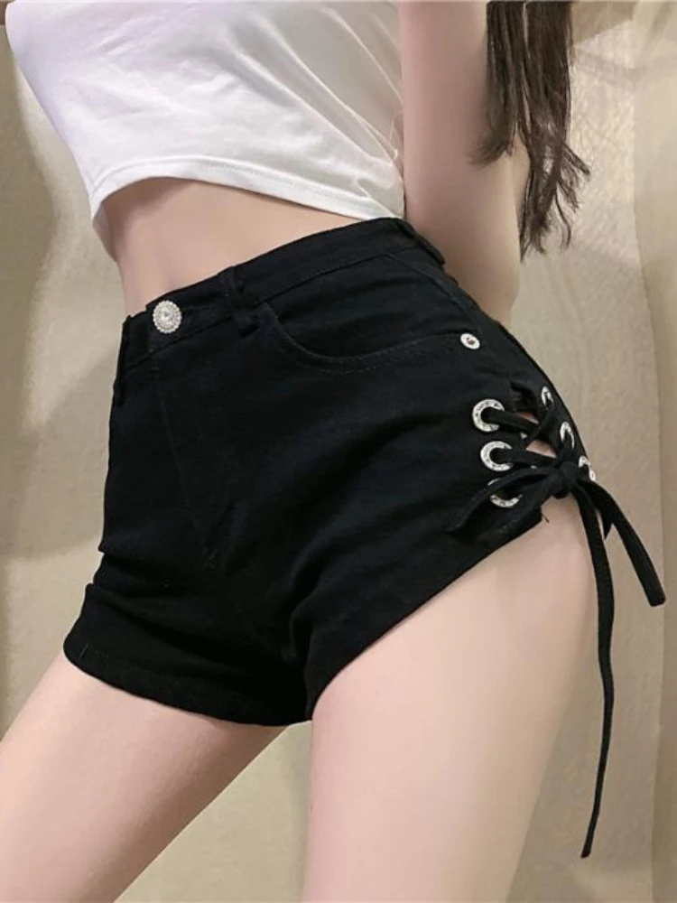 QWEEK 2024 Sexy Denim Bandage Shorts Women Spring Summer Coquette Hotsweet Streetwear High Waist Casual Jeans Fashion New In