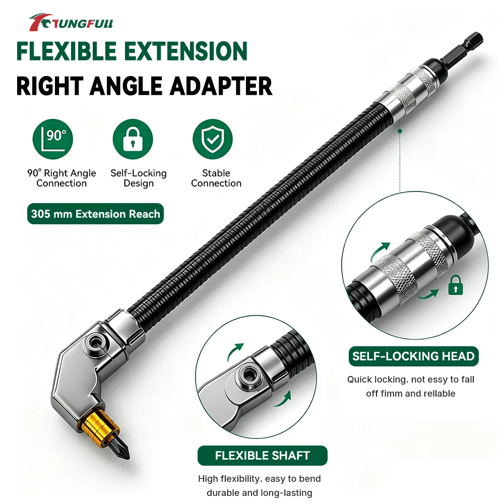 TUNGFULL 90 Degree Right Angle Drill Attachment 1/4 Inch Hex Shank Corner Screwdriver Adapter for Tight Space