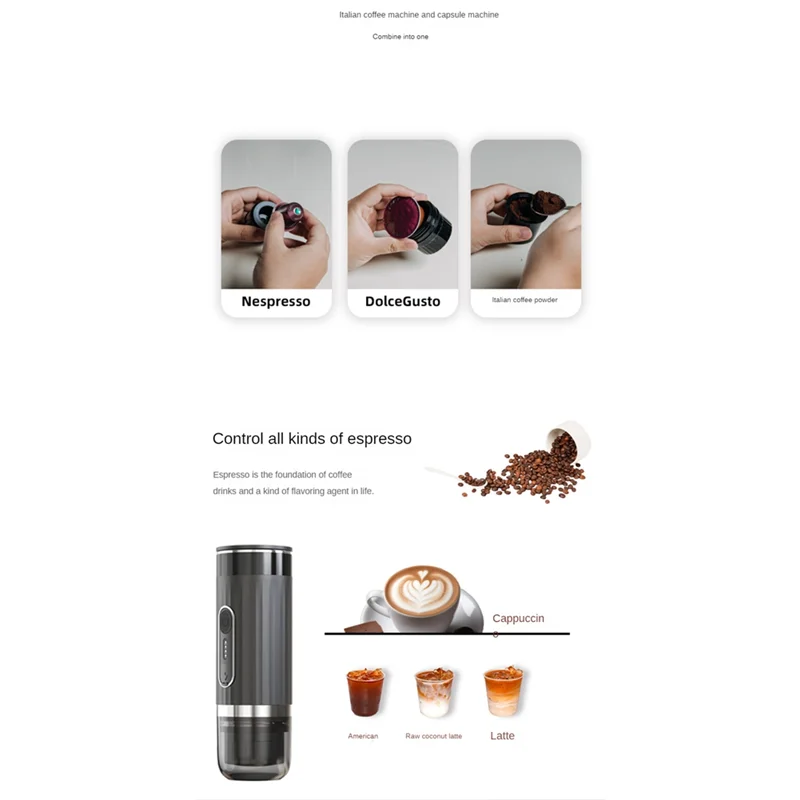 

ABKR-Portable Coffee Maker Rechargeable Wireless Heating Espresso Machine Car Coffee Make Ground Coffee & Espresso Travel, Durab