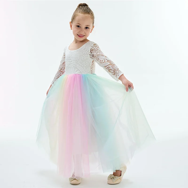 Long Baby Kids Princess Tulle Lace Flower Girl Dress Children First Communion Dress Ball Gown Wedding Party Dress Birthday