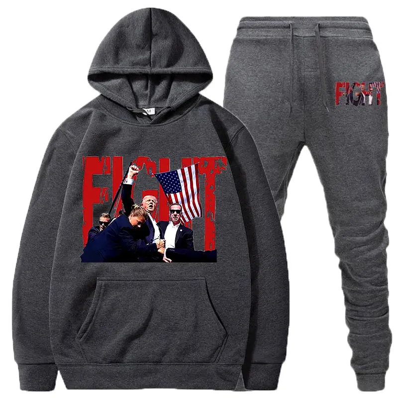 LE Trump Fight Man Sets Hoodie Sweatpants Men\'s Set  Autumn Winter clothing Casual Woolen Hoodie suit Sportswear men sets