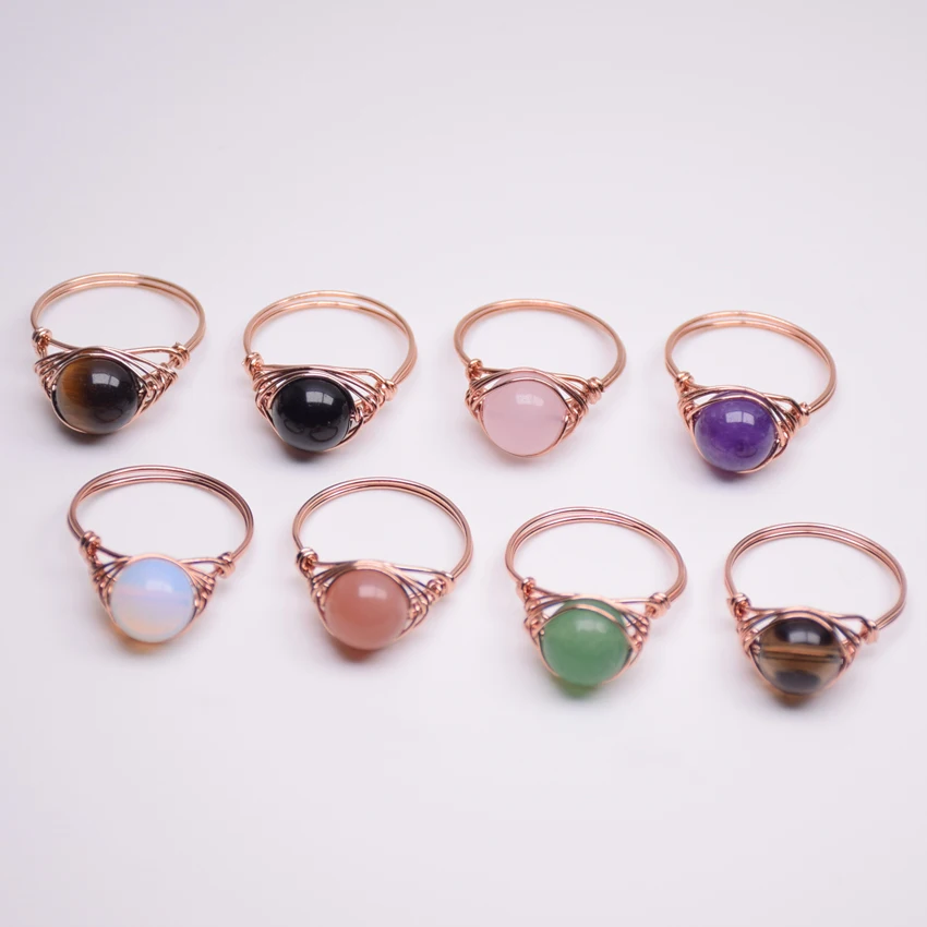 Round Bead Wire Wrapped Natural Stone Finger Rings Healing Pink Crystal Amethysts Women Jewelry